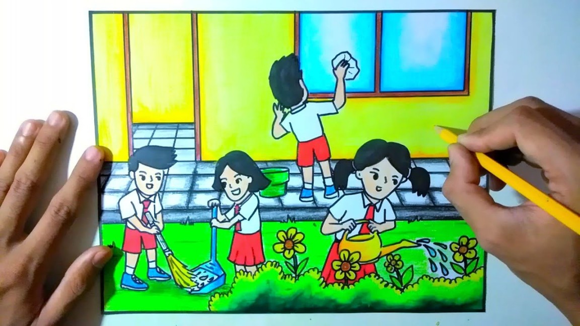 poster tentang siswa yang membersihkan lingkungan sekolah