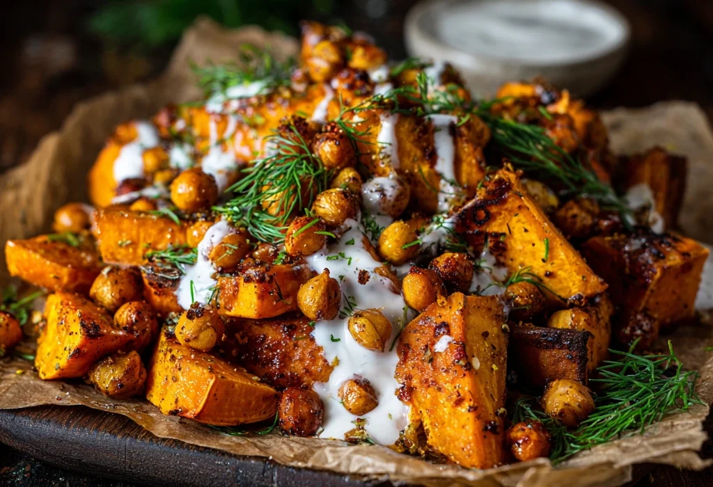 How to Make Oven-Roasted Sweet Potatoes with Crispy Chickpeas and Yogurt Sauce