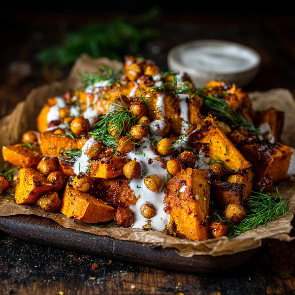 How to Make Oven-Roasted Sweet Potatoes with Crispy Chickpeas and Yogurt Sauce