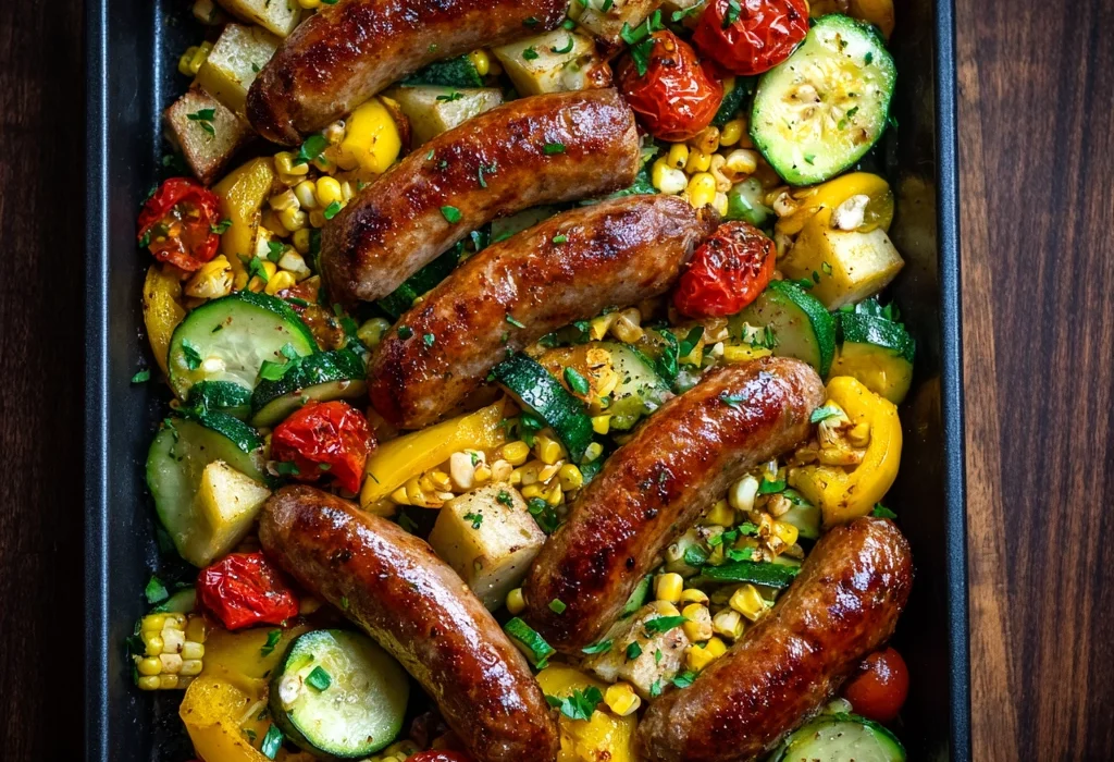 How to Make the Best Sheet-Pan Sausage with Corn Peach Cucumber Salad