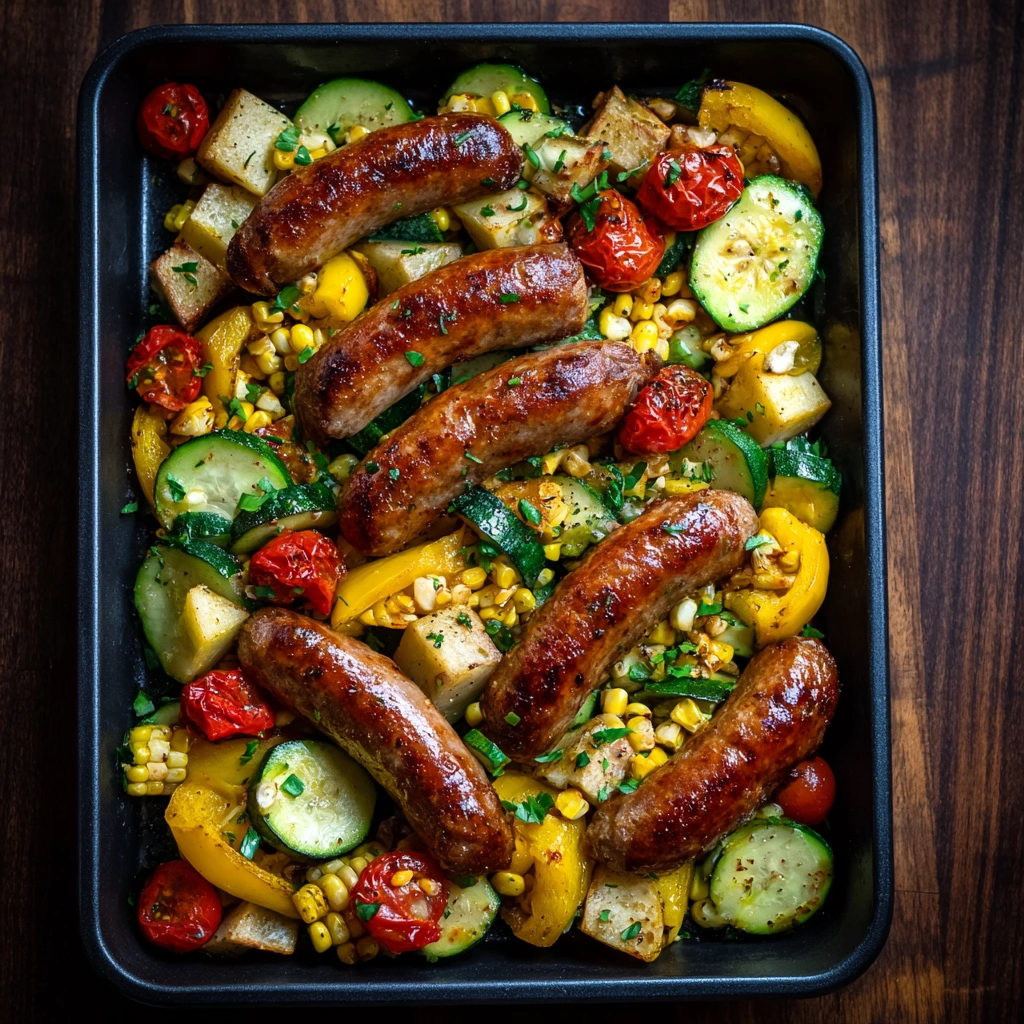 How to Make the Best Sheet-Pan Sausage with Corn Peach Cucumber Salad